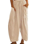 Tan Full Size Pocketed Drawstring Wide Leg Pants Sentient Beauty Fashions Apparel & Accessories