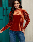 Tan Round Neck Puff Sleeve Velvet Blouse Sentient Beauty Fashions Apparel & Accessories
