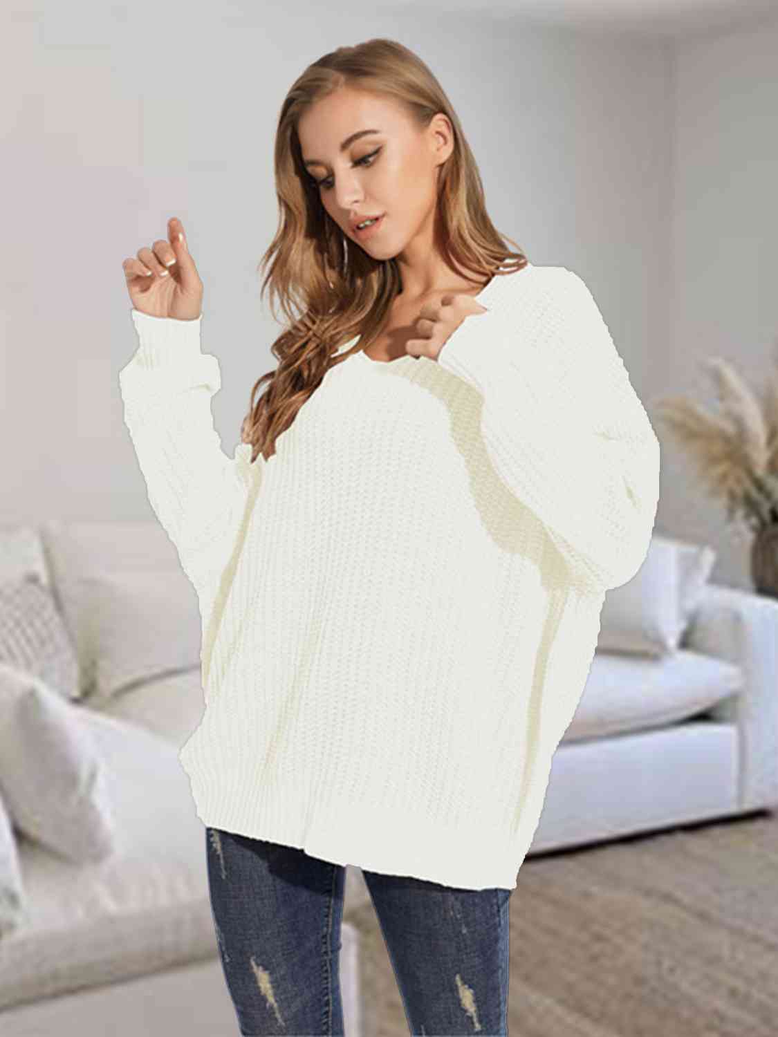 Gray V-Neck Batwing Dropped Shoulder Sweater