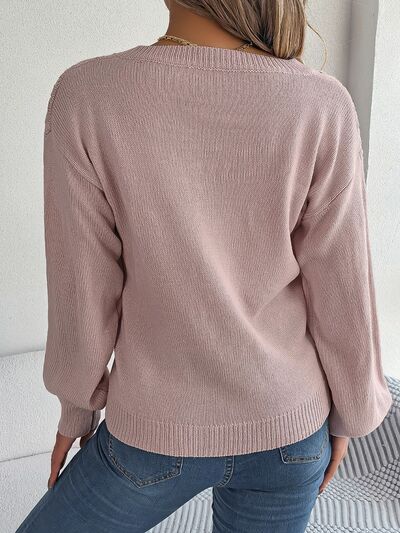 Rosy Brown Cable-Knit V-Neck Lantern Sleeve Sweater Sentient Beauty Fashions Apparel & Accessories
