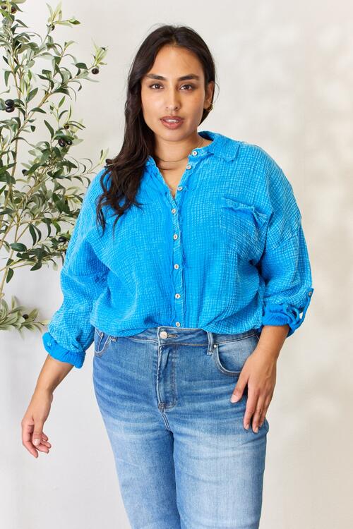 Steel Blue Zenana Full Size Washed Raw Trim Button Down Shirt Sentient Beauty Fashions Apparel &amp; Accessories