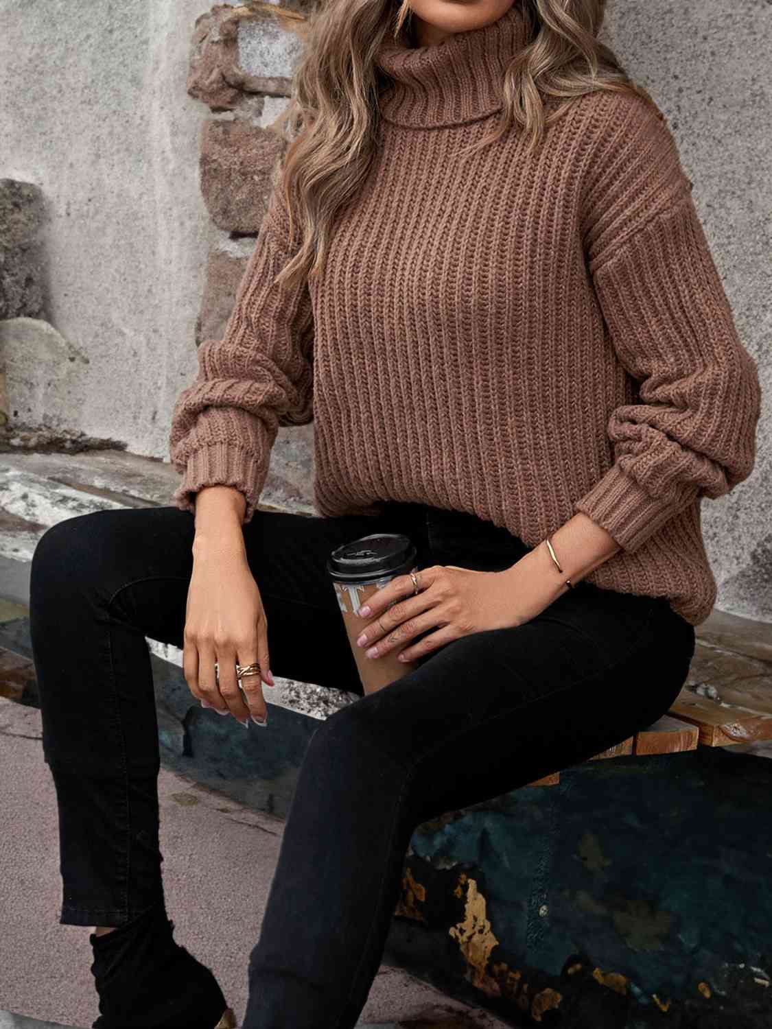 Dark Slate Gray Turtleneck Rib-Knit Sweater Sentient Beauty Fashions Apparel & Accessories