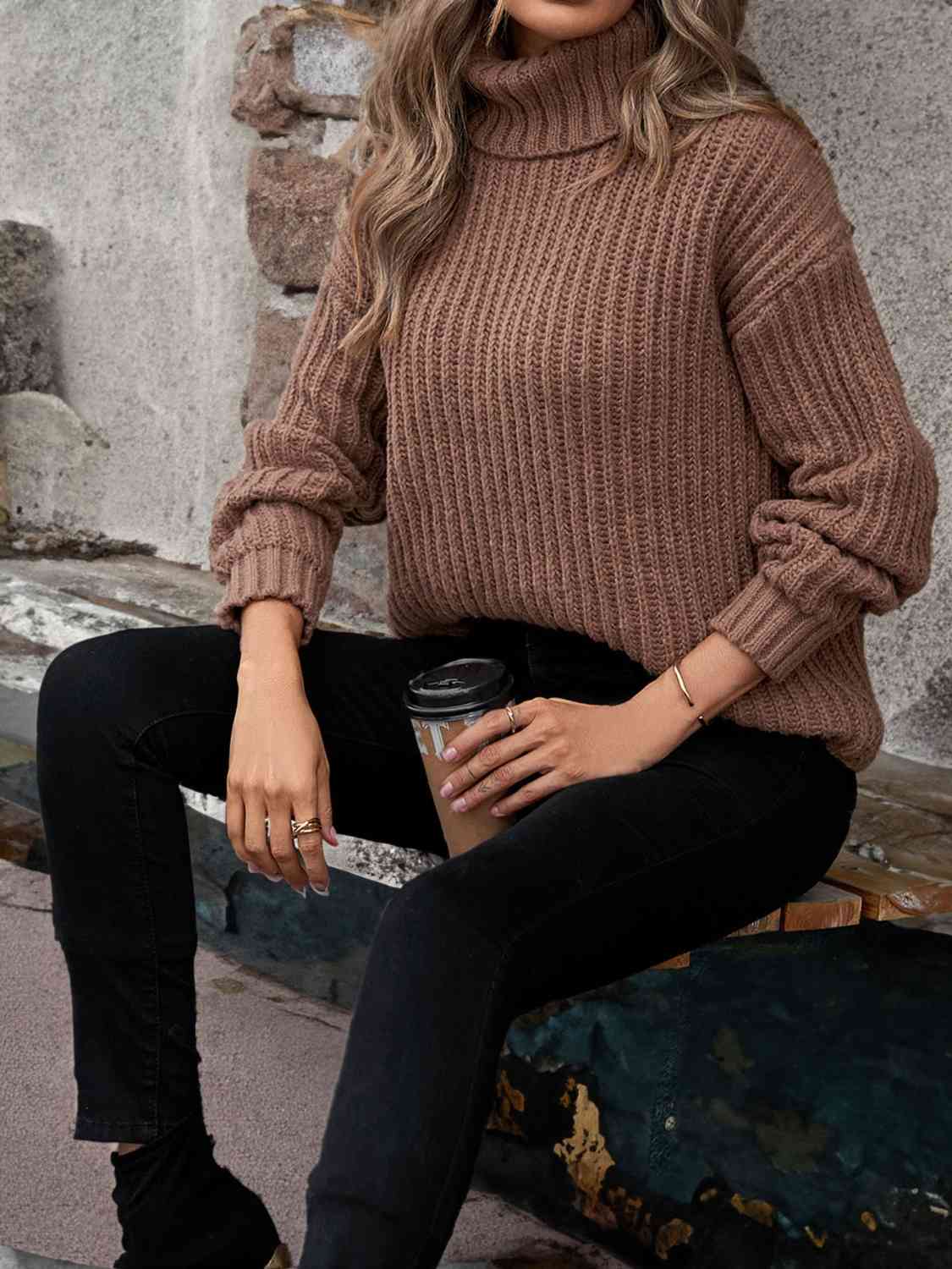 Dark Slate Gray Turtleneck Rib-Knit Sweater