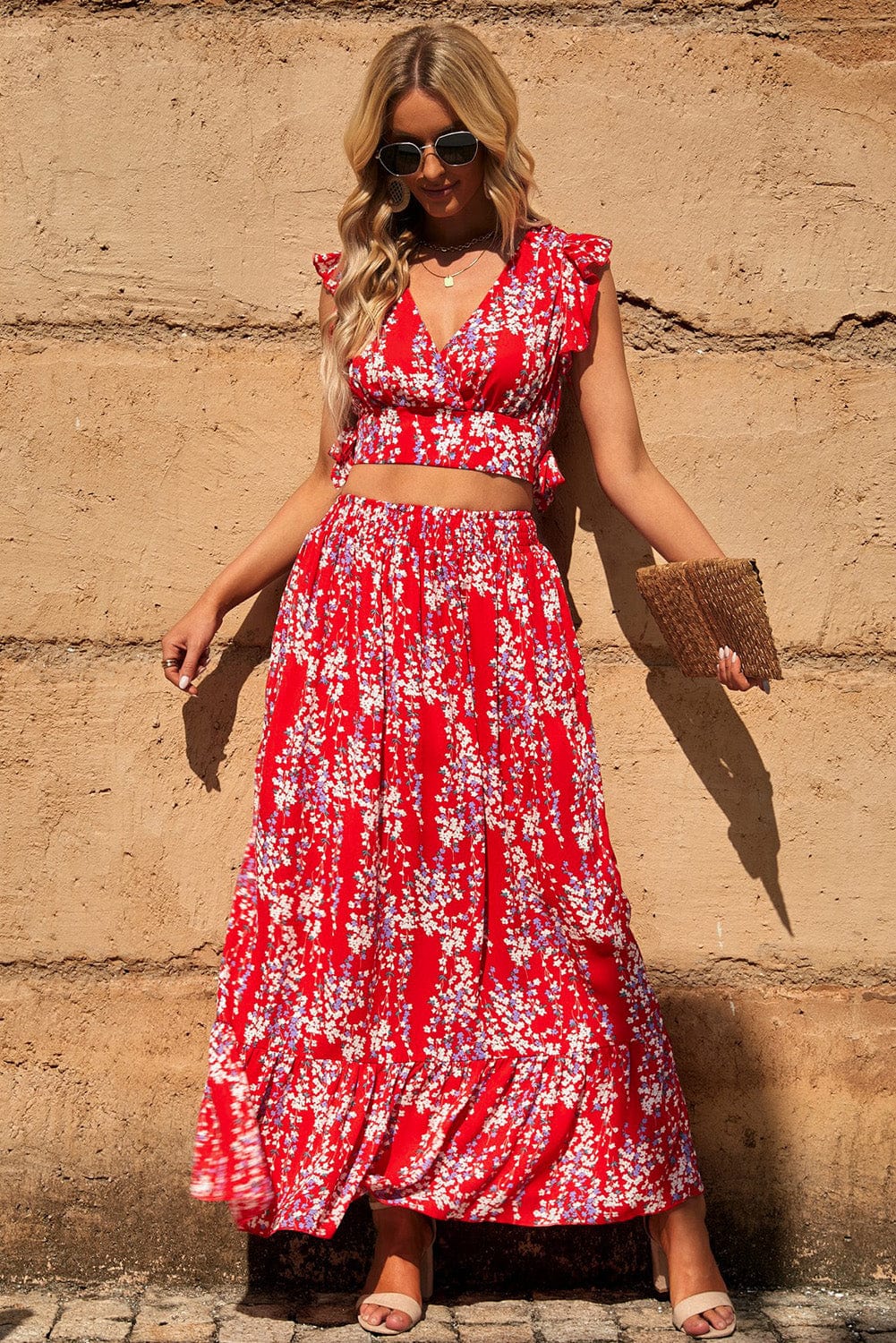 Dark Salmon Printed Tie Back Cropped Top and Maxi Skirt Set