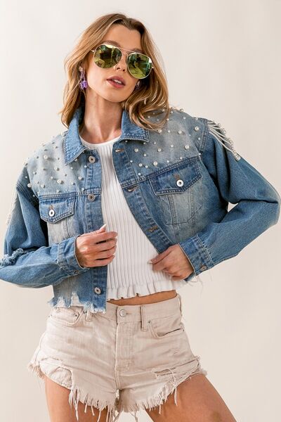 Light Gray BiBi Pearl Detail Distressed Cropped Denim Jacket Sentient Beauty Fashions Apparel &amp; Accessories