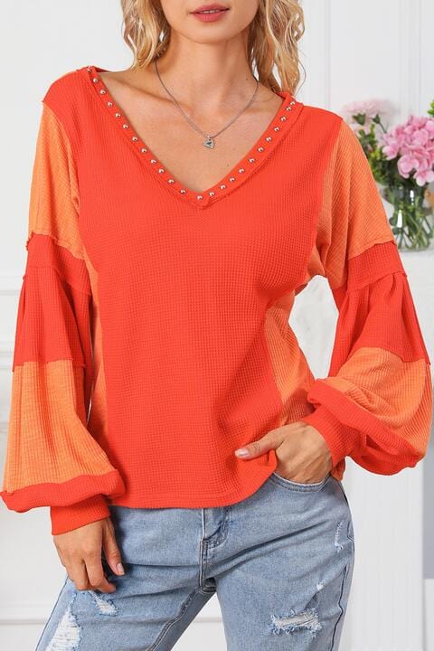 Tomato Color Block V-Neck Top