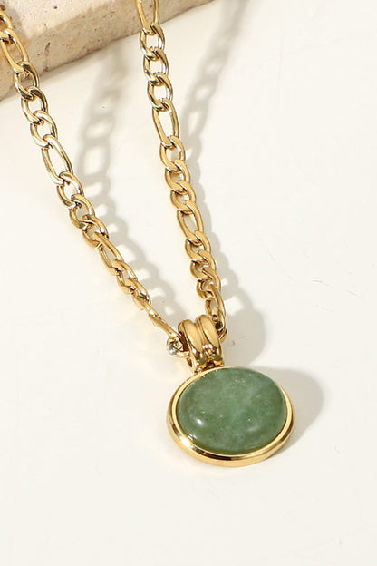 Beige Inlaid Stone Round Pendant Chain Necklace