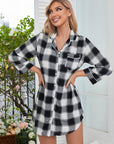 Gray Plaid Lapel Collar Shirt Dress