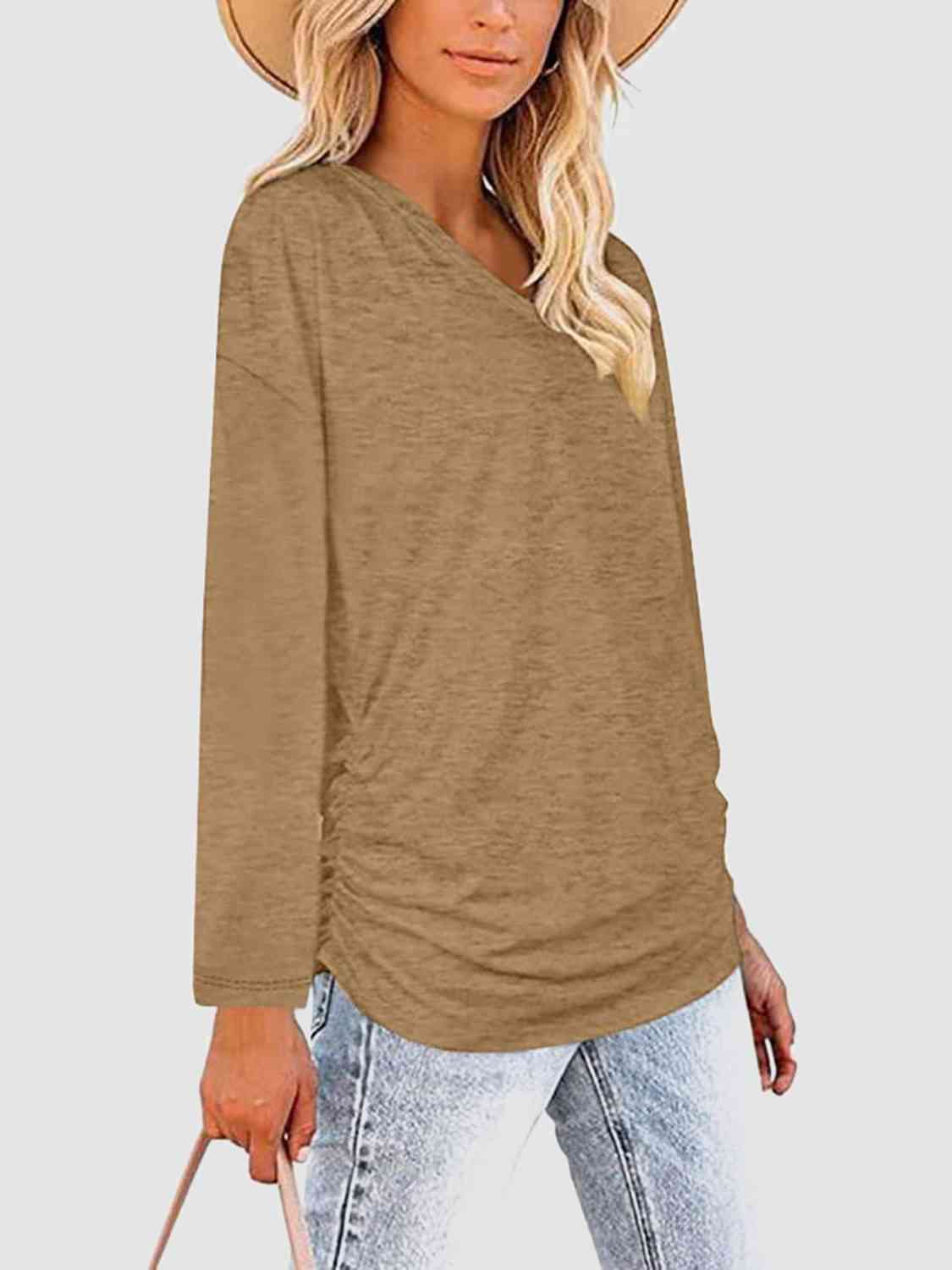 Sienna Ruched V-Neck Long Sleeve T-Shirt
