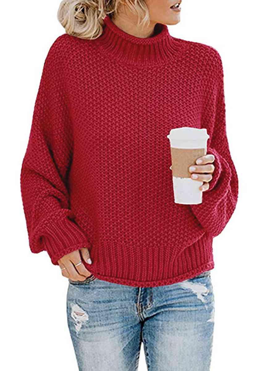 Brown Turtleneck Dropped Shoulder Sweater