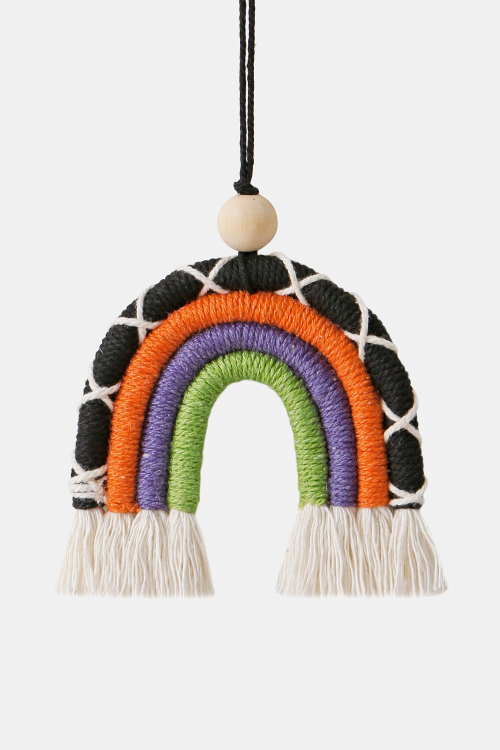 White Smoke Fringe Macrame Rainbow Shape Wood Bead Cotton Keychain Sentient Beauty Fashions handmade