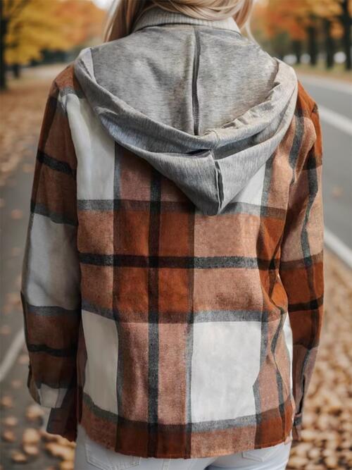 Dim Gray Plaid Button Up Drawstring Hooded Shirt Sentient Beauty Fashions Apparel &amp; Accessories
