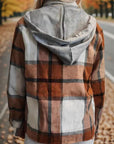 Dim Gray Plaid Button Up Drawstring Hooded Shirt Sentient Beauty Fashions Apparel & Accessories