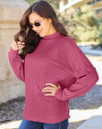 Rosy Brown Basic Bae Full Size Ribbed Exposed Seam Mock Neck Knit Top Sentient Beauty Fashions Apparel & Accessories