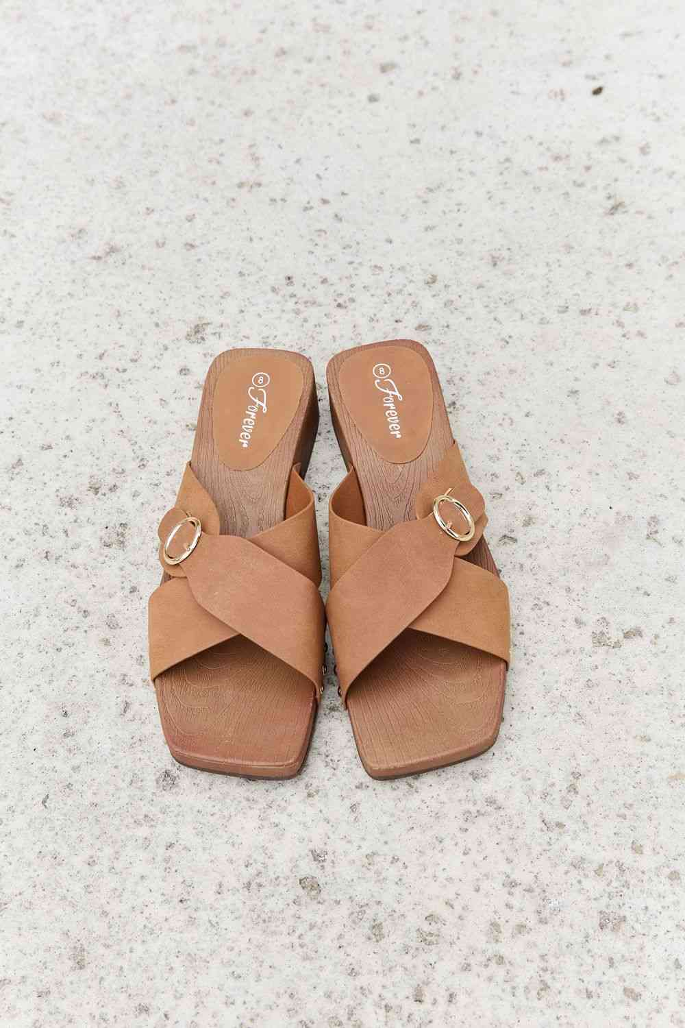 Light Gray Forever Link Square Toe Cross Strap Buckle Clog Sandal in Ochre Sentient Beauty Fashions Shoes