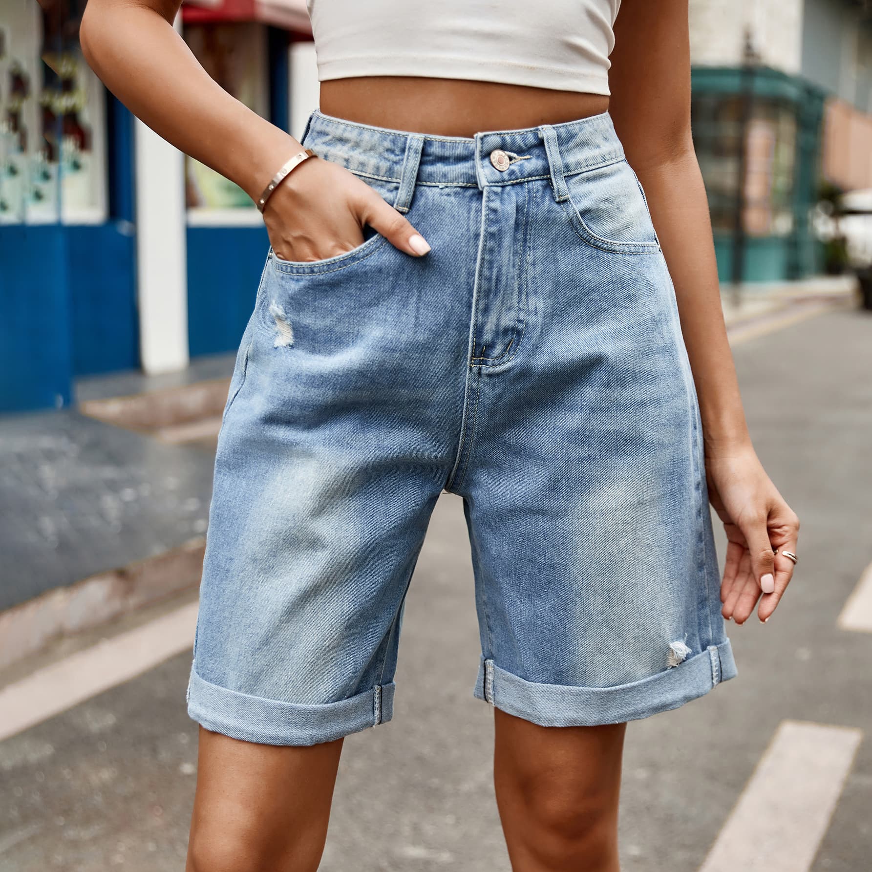 Light Slate Gray Distressed Buttoned Denim Shorts with Pockets