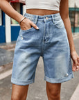 Light Slate Gray Distressed Buttoned Denim Shorts with Pockets Sentient Beauty Fashions Apparel & Accessories
