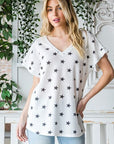 Light Gray Heimish Full Size Star Print Short Sleeve V-Neck Waffle Knit T-Shirt Sentient Beauty Fashions Apparel & Accessories