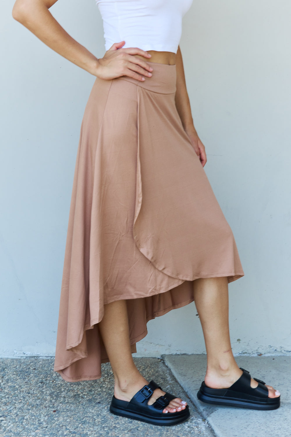Gray Ninexis First Choice High Waisted Flare Maxi Skirt in Camel