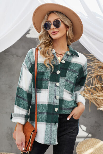 Light Slate Gray Plaid Button Up Dropped Shoulder Jacket Sentient Beauty Fashions Apparel & Accessories