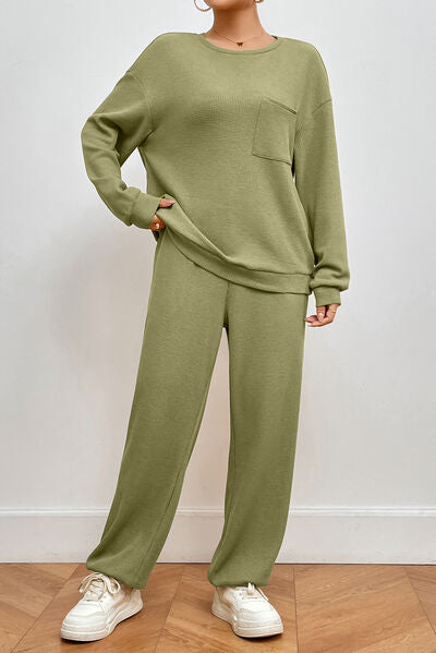 Light Gray Pocketed Round Neck Top and Pants Lounge Set Sentient Beauty Fashions Apparel &amp; Accessories