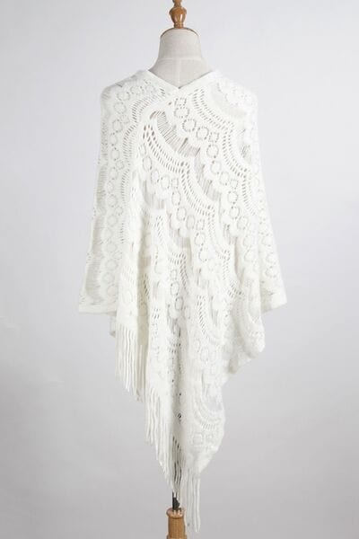 Light Gray Fringe Openwork Surplice Cape Sleeve Poncho