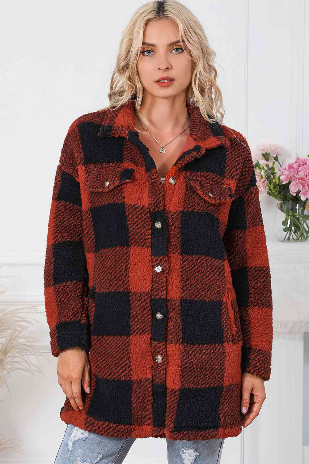 Black Plaid Button Down Coat with Pockets Sentient Beauty Fashions jackets