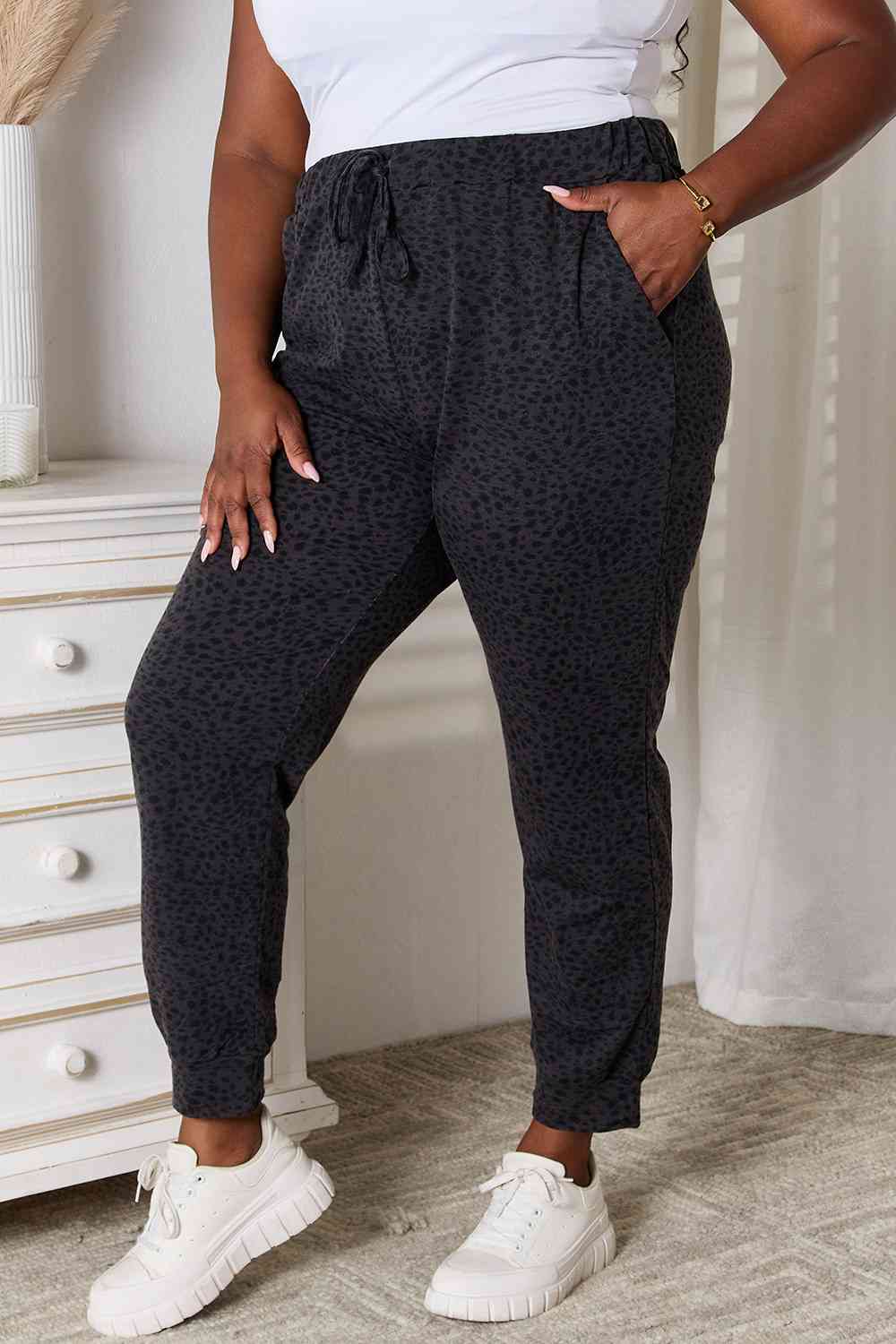 Dark Gray Basic Bae Leopard Print Joggers with Pockets Sentient Beauty Fashions Apparel & Accessories