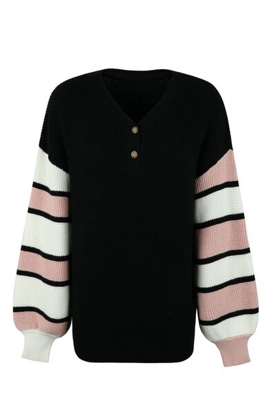 Black Color Block V-Neck Dropped Shoulder Sweater Sentient Beauty Fashions Apparel &amp; Accessories