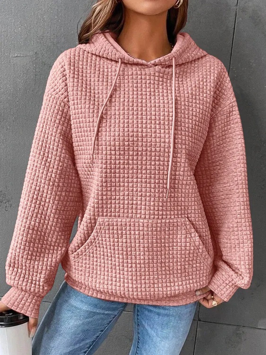 Rosy Brown Textured Drawstring Drop Shoulder Hoodie