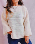 Gray Openwork Boat Neck Long Sleeve Sweater