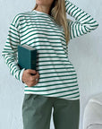 Light Gray Round Neck Striped Dropped Shoulder T-Shirt