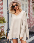 Gray V-Neck Slit Exposed Seam Sweater