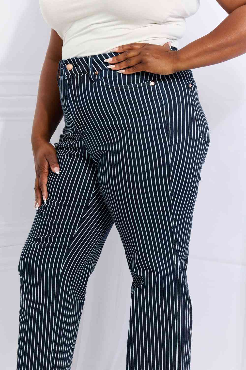 Light Gray Judy Blue Cassidy Full Size High Waisted Tummy Control Striped Straight Jeans Sentient Beauty Fashions Apparel &amp; Accessories
