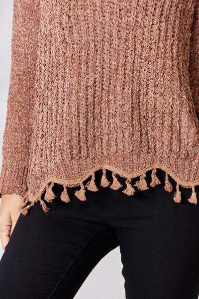 Rosy Brown BiBi Tassel Trim Long Sleeve Sweater Sentient Beauty Fashions Apparel &amp; Accessories
