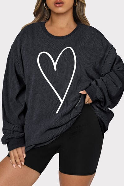 Dark Slate Gray Plus Size Heart Ribbed Round Neck Sweatshirt