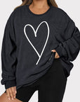 Dark Slate Gray Plus Size Heart Ribbed Round Neck Sweatshirt