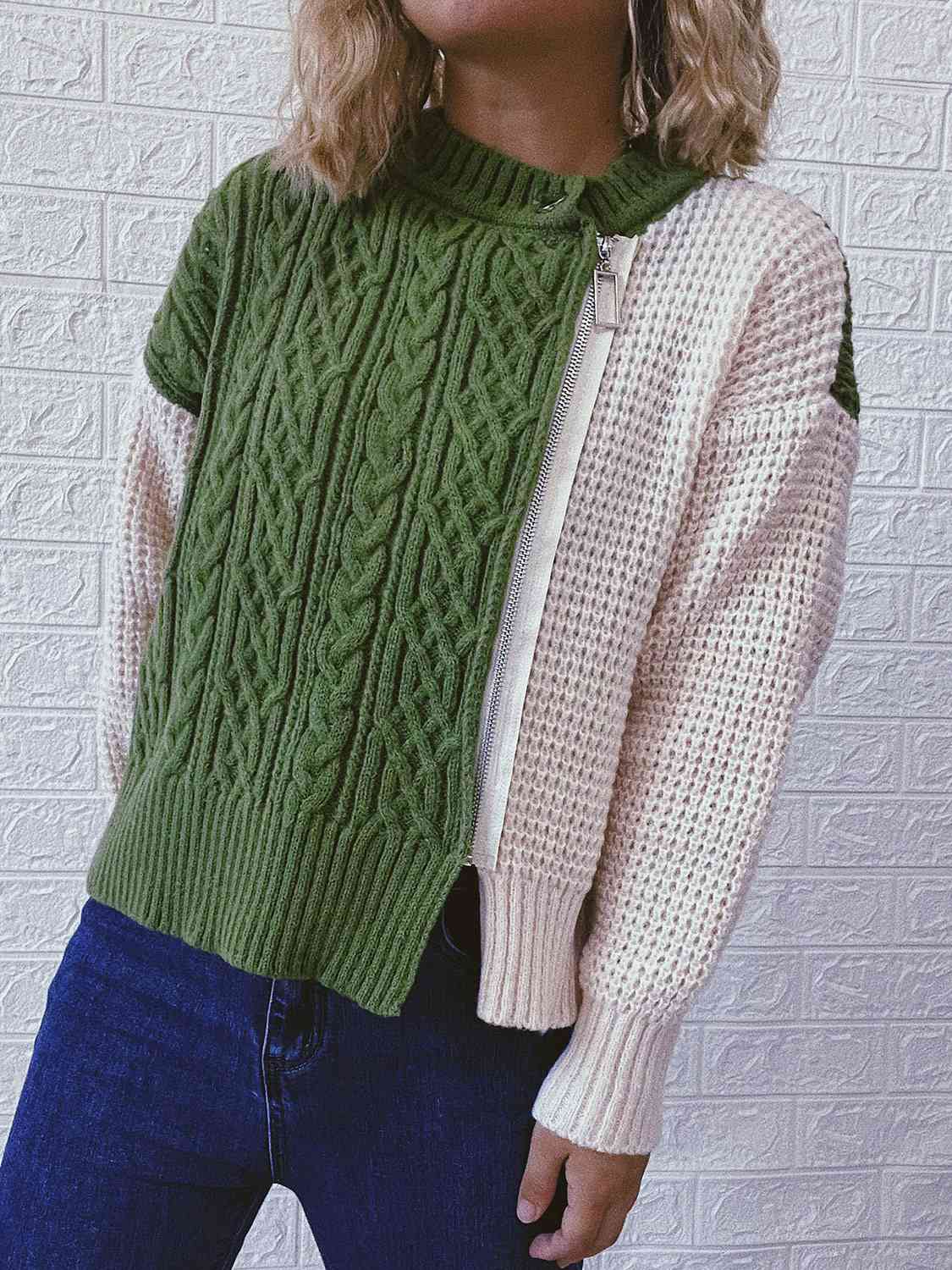 Cable-Knit Contrast Zip-Up Cardigan