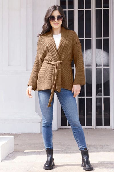 Light Gray Tied Open Front Long Sleeve Cardigan