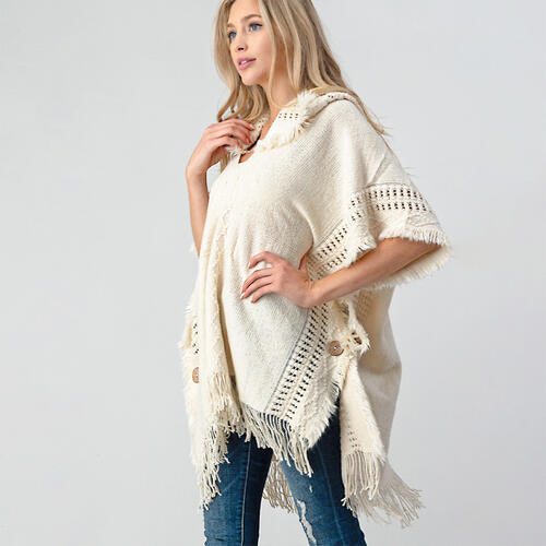 Light Gray Fringed Crochet Buttoned Hooded Poncho Sentient Beauty Fashions Apparel &amp; Accessories