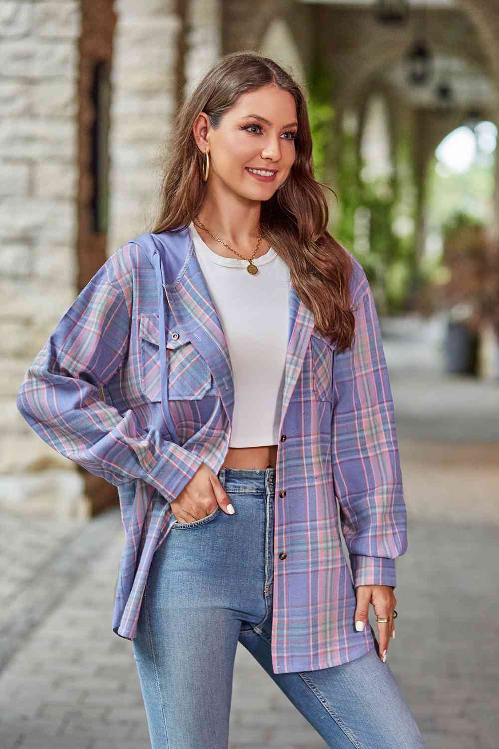 Dark Gray Plaid Long Sleeve Hooded Jacket Sentient Beauty Fashions Apparel &amp; Accessories