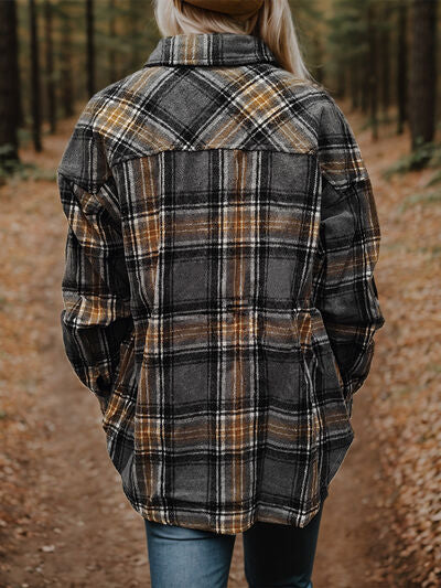 Dark Slate Gray Plaid Snap Down Long Sleeve Shacket Sentient Beauty Fashions Apparel &amp; Accessories