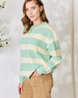 Light Gray Sew In Love Full Size Contrast Striped Round Neck Sweater