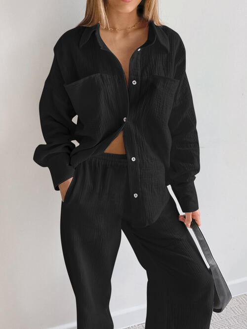 Black Texture Button Up Long Sleeve Shirt and Pants Set Sentient Beauty Fashions Apparel & Accessories