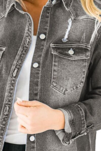 Dim Gray Distressed Button Up Raw Hem Denim Jacket Sentient Beauty Fashions Apparel &amp; Accessories