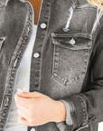 Dim Gray Distressed Button Up Raw Hem Denim Jacket Sentient Beauty Fashions Apparel & Accessories