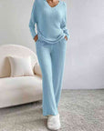Gray Ribbed V-Neck Long Sleeve Top and Pants Set Sentient Beauty Fashions Apparel & Accessories