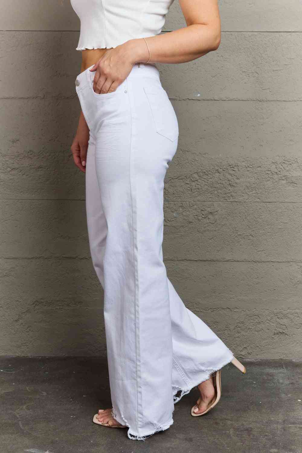 Dim Gray RISEN Raelene Full Size High Waist Wide Leg Jeans in White Sentient Beauty Fashions Apparel & Accessories