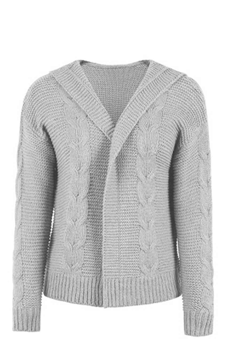 Gray Cable-Knit Dropped Shoulder Hooded Cardigan