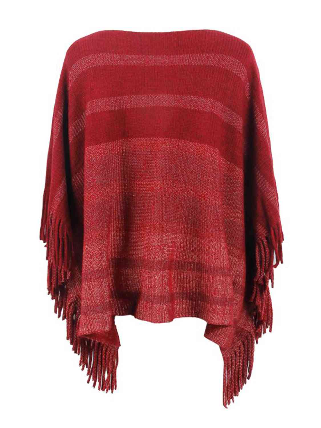 Brown Striped Boat Neck Poncho with Fringes